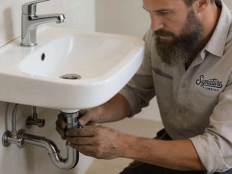 Plumber Fixing Bathroom Sink