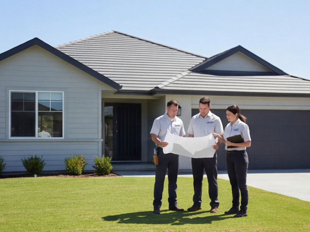 People in front of house looking over plans