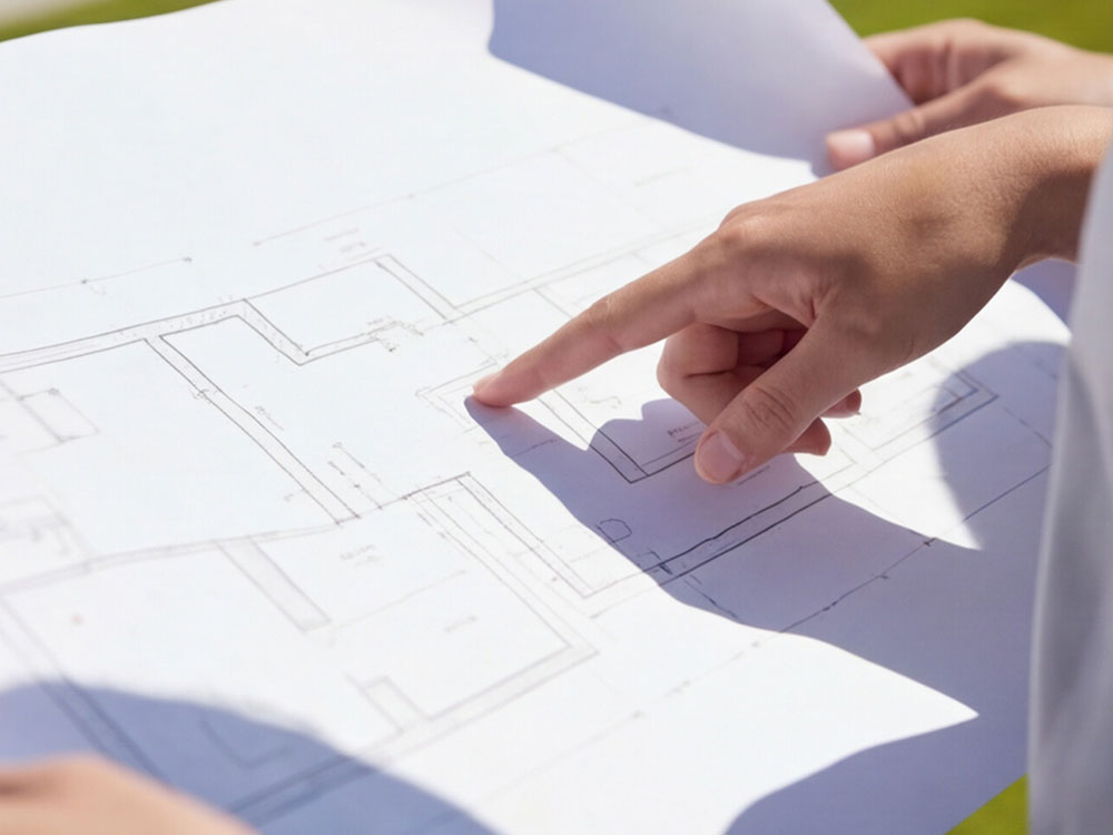 Hand pointing at blueprints